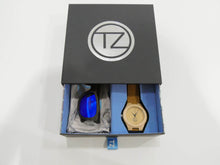 Load image into Gallery viewer, TZ LIFESTYLE | Little Gromm Essentials Pack | Kids Polarized Blue Floating Bamboo Sunglasses with Tan Waterproof Wood Watch