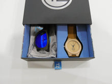 Load image into Gallery viewer, TZ LIFESTYLE | Little Gromm Essentials Pack | Kids Polarized Blue Floating Bamboo Sunglasses with Tan Waterproof Wood Watch