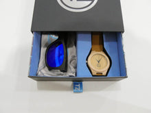 Load image into Gallery viewer, TZ LIFESTYLE | Seaside Essentials Pack | Polarized Blue Floating Bamboo Sunglasses with Tan Waterproof Wood Watch