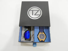 Load image into Gallery viewer, TZ LIFESTYLE | Little Gromm Essentials Pack | Kids Polarized Blue Floating Bamboo Sunglasses with Blue Waterproof Wood Watch