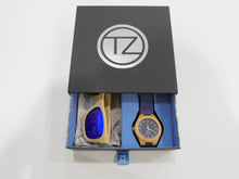Load image into Gallery viewer, TZ LIFESTYLE | Catamaran Essentials Pack | Polarized Light Blue Floating Bamboo Sunglasses with Blue Waterproof Wood Watch