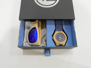 TZ LIFESTYLE | Catamaran Essentials Pack | Polarized Light Blue Floating Bamboo Sunglasses with Blue Waterproof Wood Watch