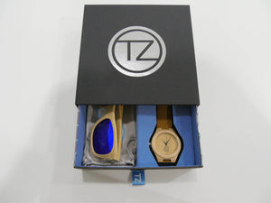 TZ LIFESTYLE | Catamaran Essentials Pack | Polarized Light Blue Floating Bamboo Sunglasses with Tan Waterproof Wood Watch