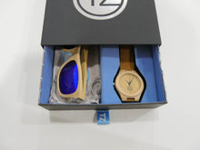 Load image into Gallery viewer, TZ LIFESTYLE | Catamaran Essentials Pack | Polarized Light Blue Floating Bamboo Sunglasses with Tan Waterproof Wood Watch