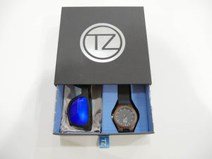 TZ LIFESTYLE | Seaside Essentials Pack | Polarized Blue Floating Bamboo Sunglasses with Black Waterproof Wood Watch