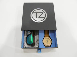 TZ LIFESTYLE | Boardwalk Essentials Pack | Polarized Green Floating Bamboo Sunglasses with Tan Waterproof Wood Watch