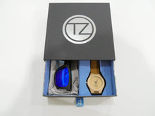 Load image into Gallery viewer, TZ LIFESTYLE | Seaside Essentials Pack | Polarized Blue Floating Bamboo Sunglasses with Tan Waterproof Wood Watch