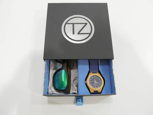 TZ LIFESTYLE | Boardwalk Essentials Pack | Polarized Green Floating Bamboo Sunglasses with Blue Waterproof Wood Watch