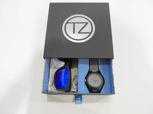 TZ LIFESTYLE | Seaside Essentials Pack | Polarized Blue Floating Bamboo Sunglasses with Gray Waterproof Wood Watch